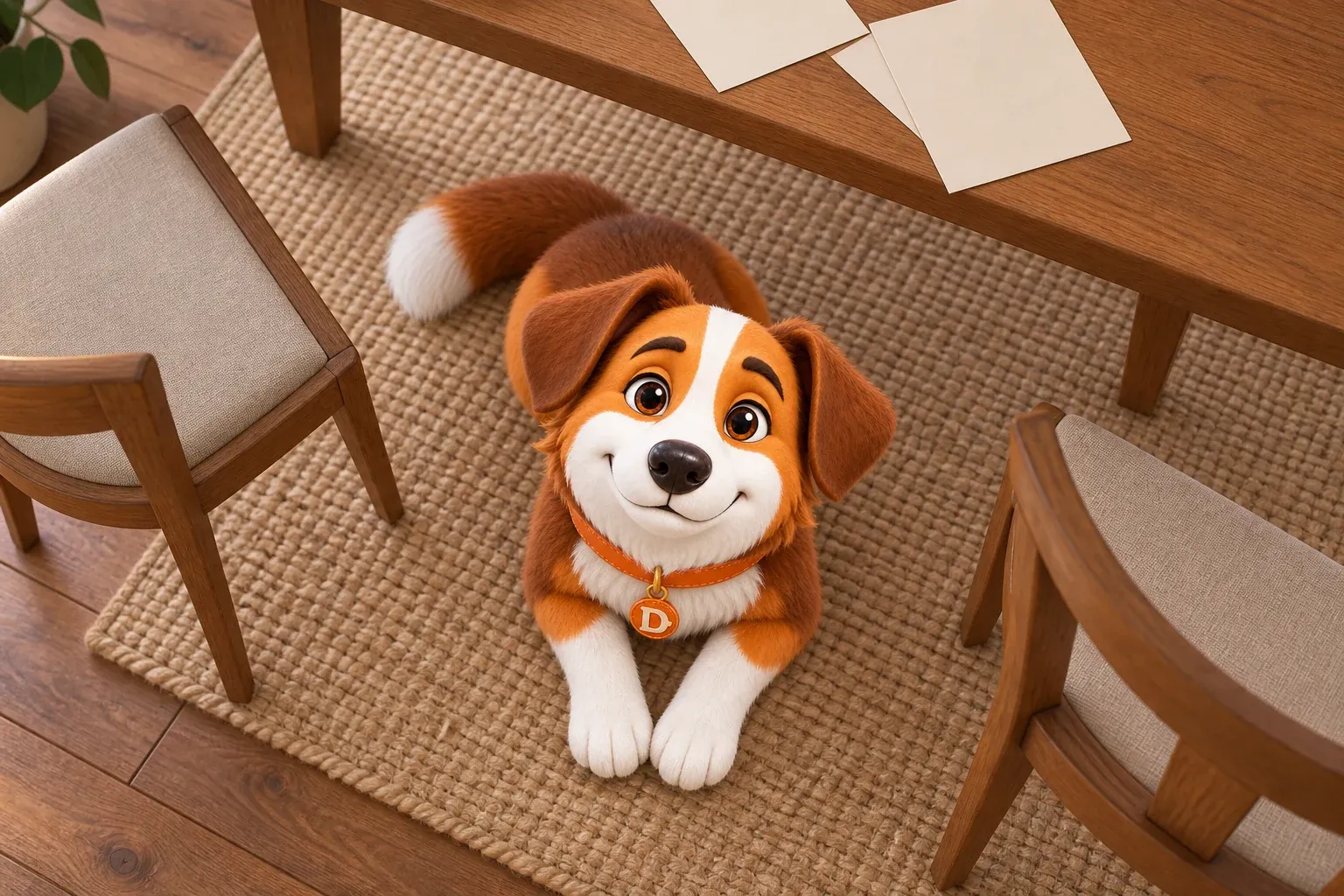 Dana the mascot dog lying on the floor between two chairs pushed back from a table, papers spread across it above her