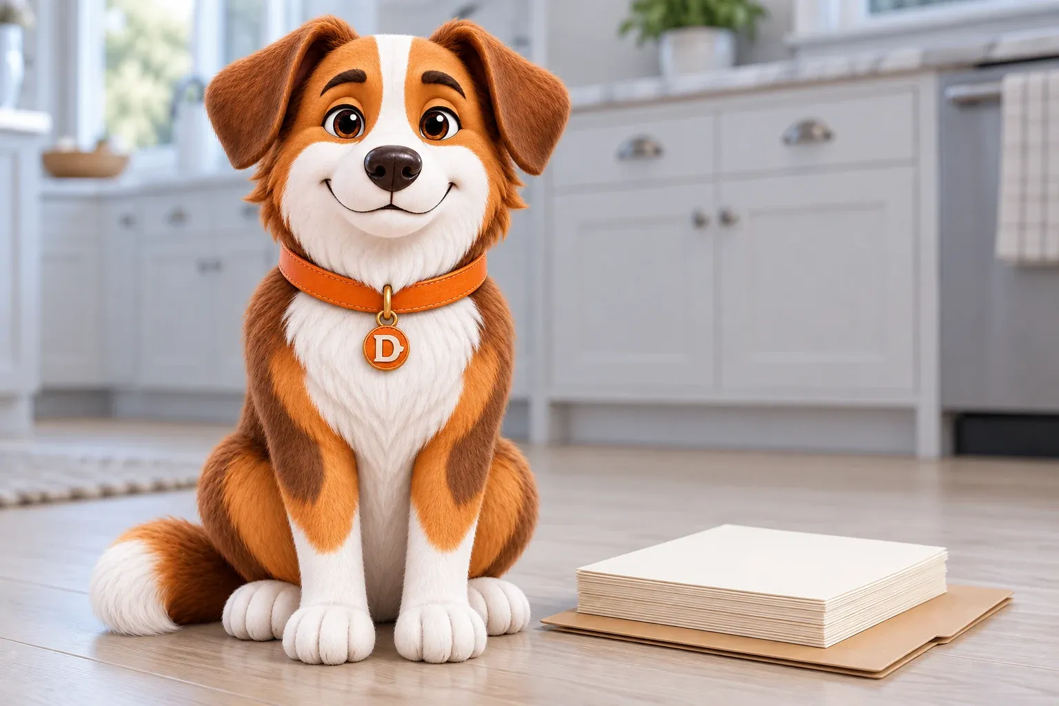 Dana the mascot dog sitting beside a small stack of paperwork on a kitchen table, looking up at nobody in particular