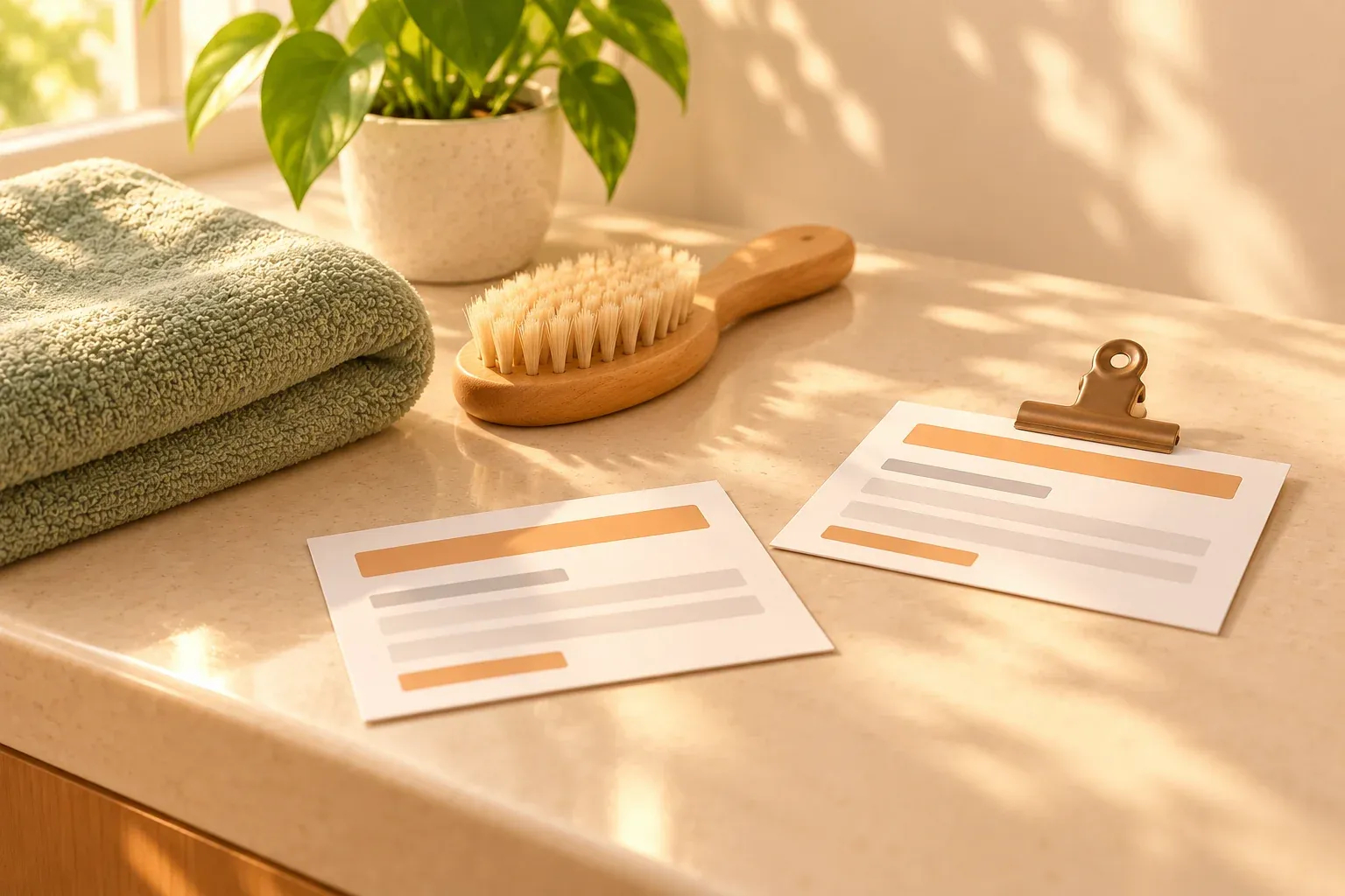 A folded sage towel and a wooden grooming brush beside two plain appointment cards on a cream counter