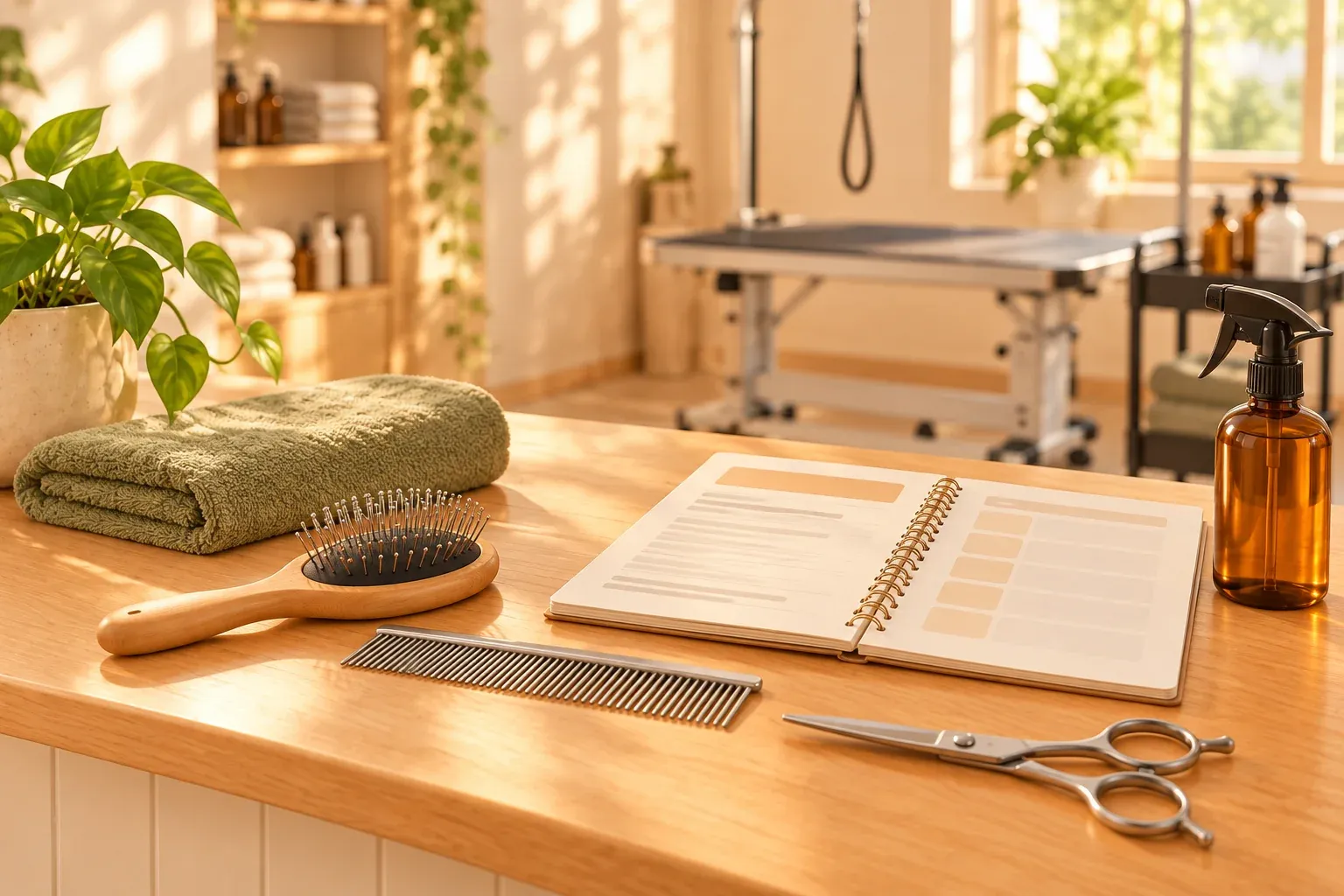 A brush, comb, scissors, folded sage towel and open notebook on a grooming counter, with an empty station behind them