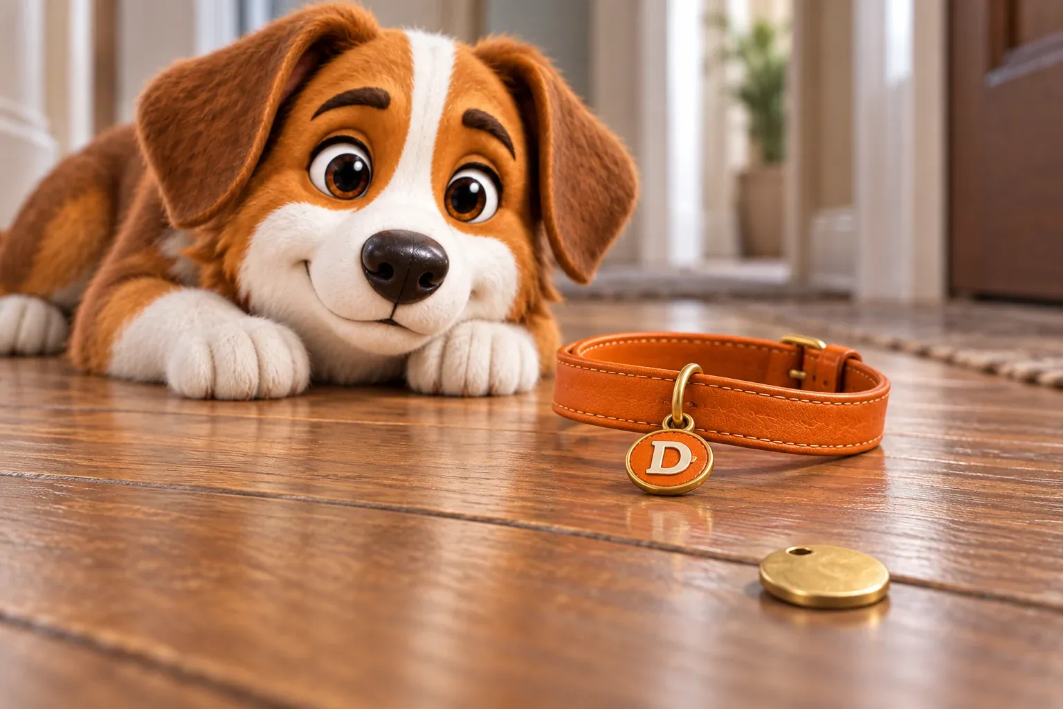 Dana the mascot dog lying on a hallway floor watching her orange collar, which lies curled in front of her with a small blank brass tag that has slipped off its ring