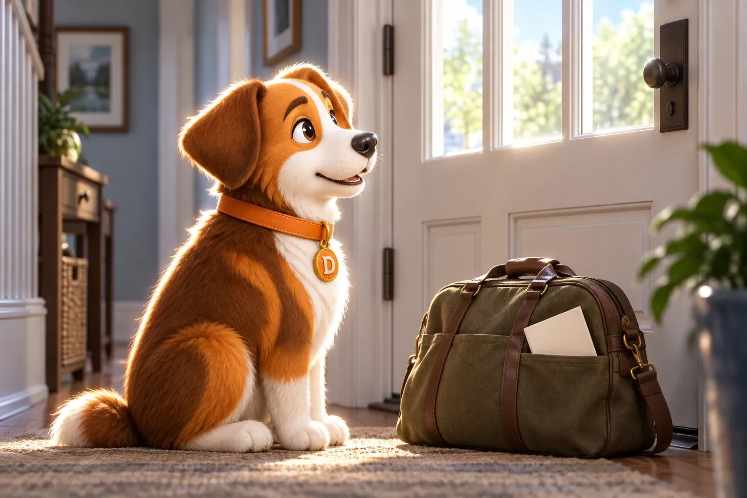 Dana the mascot dog waiting by the front door beside a packed travel bag with a folded cream document tucked into its side pocket