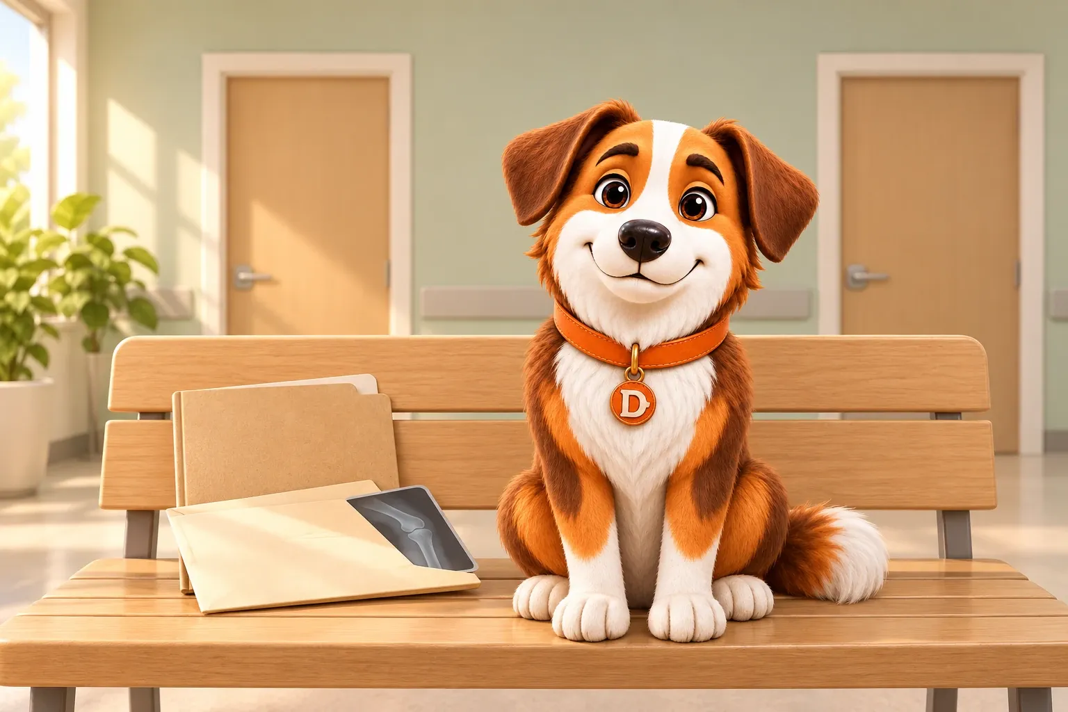 Dana the mascot dog sitting on a pale wooden clinic bench beside a document folder and an envelope with an X-ray film showing, two closed consulting room doors on the wall behind