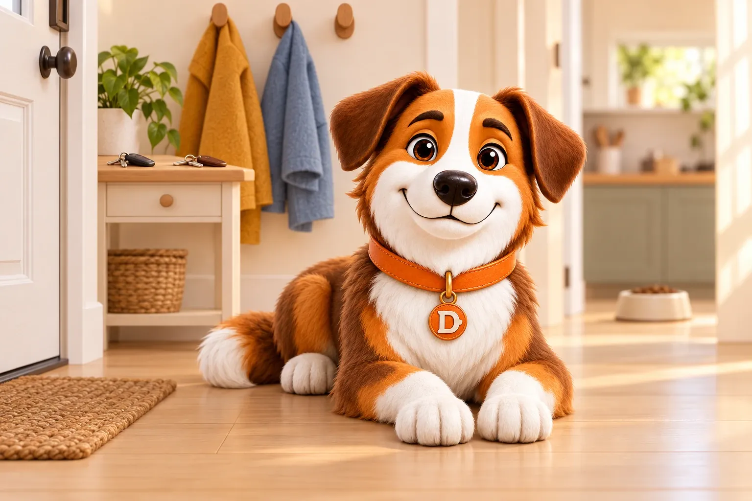 Dana the mascot dog lying by the front door of a shared flat with two sets of keys and two coats on hooks above, a feeding bowl by the kitchen doorway