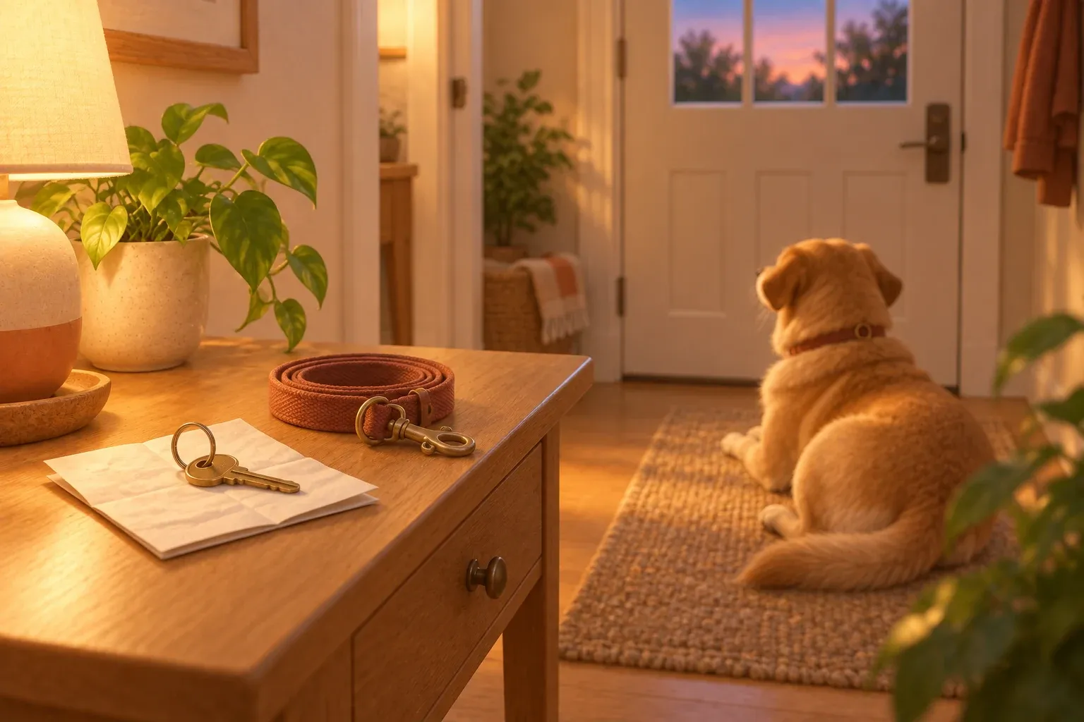 A brass key on a ring resting on a folded handwritten note on a hall table, a coiled dog lead beside them, and a tan dog lying on a woven rug further down the hallway facing the closed front door at dusk