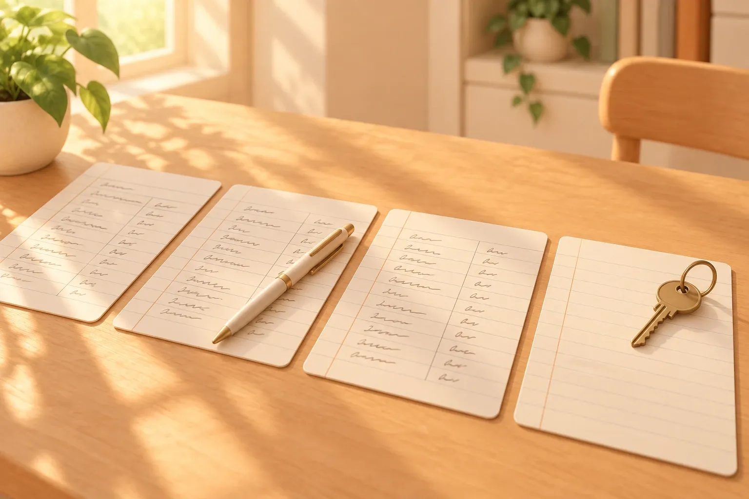 Four ruled record cards laid out in a row on a wooden table under warm afternoon light, three of them filled in with columns of handwriting and a pen resting across the middle one, the fourth left blank with a single house key sitting on it