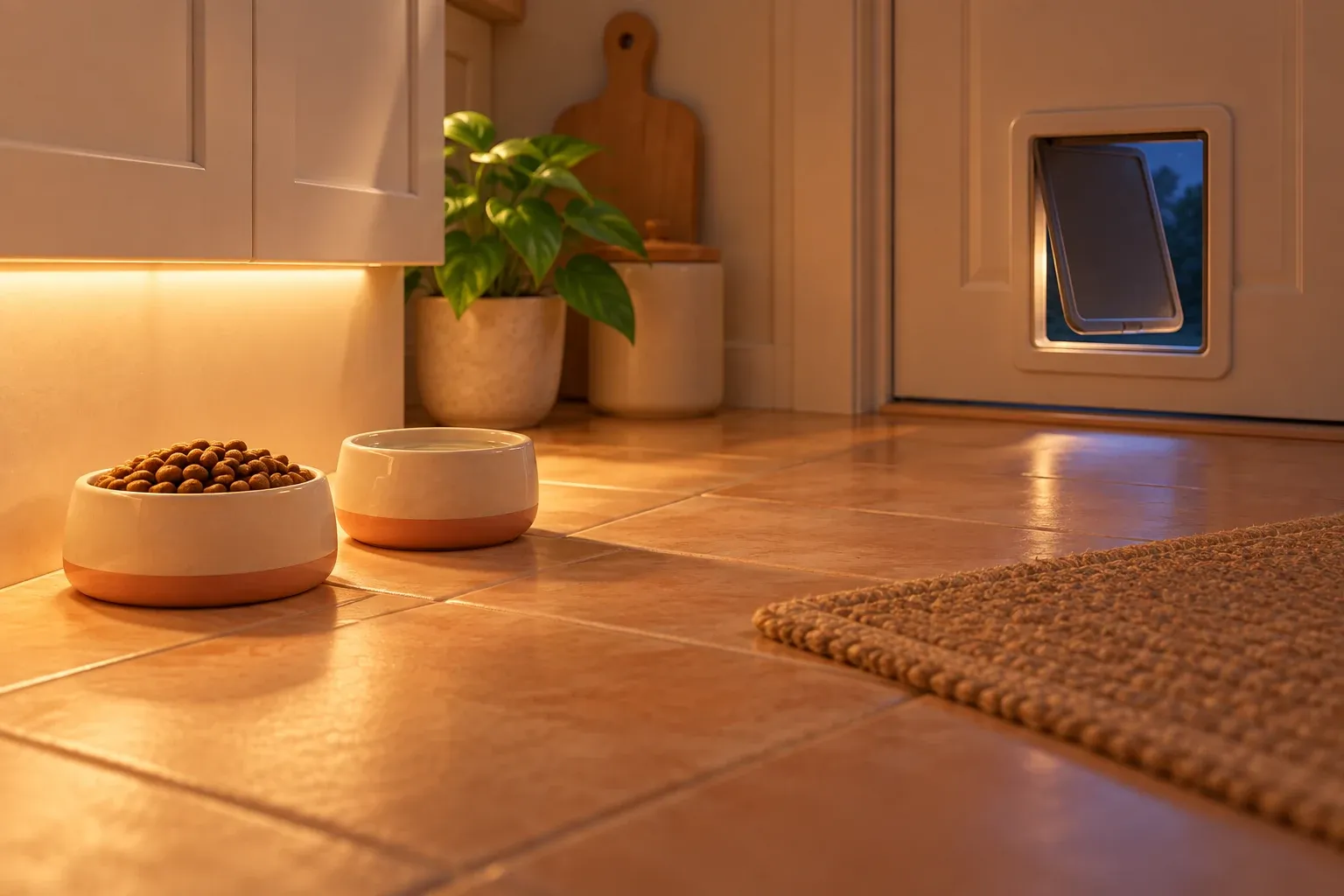 A ceramic bowl still full of untouched dry food beside a water bowl on a tiled kitchen floor at night, lit only by warm under-cabinet light, with a closed cat flap in the back door showing dark blue outside