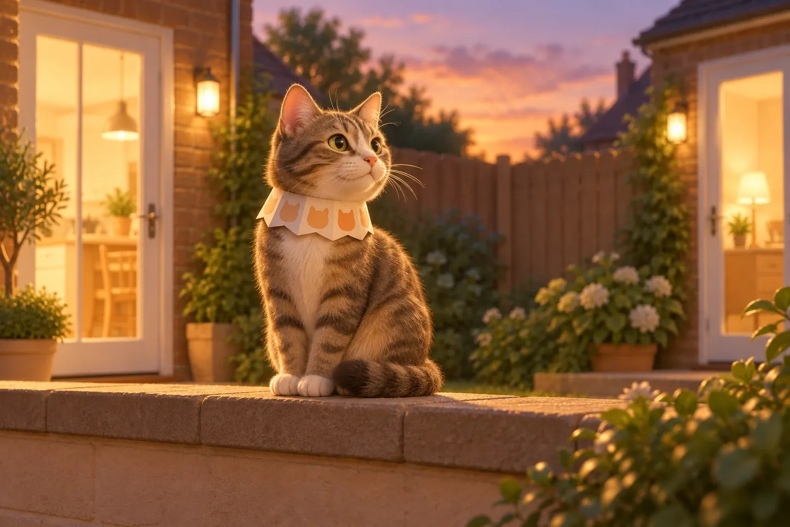 A tabby cat sitting on a low garden wall at dusk wearing a printed paper collar, with a lit back door on either side of the fence behind her