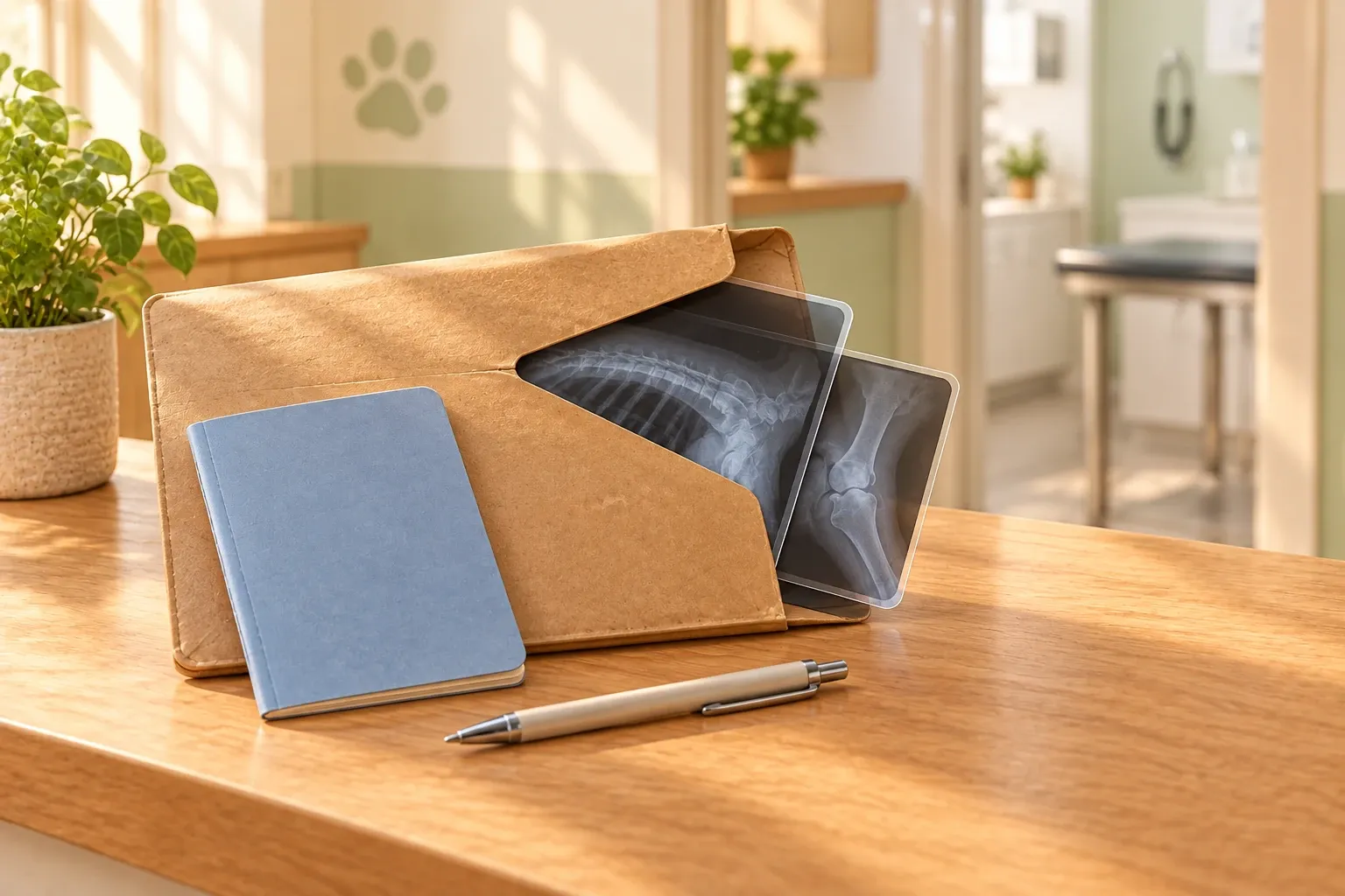 A cardboard document wallet on a veterinary reception counter with two X-ray films half out of it, a vaccination booklet and a pen beside it