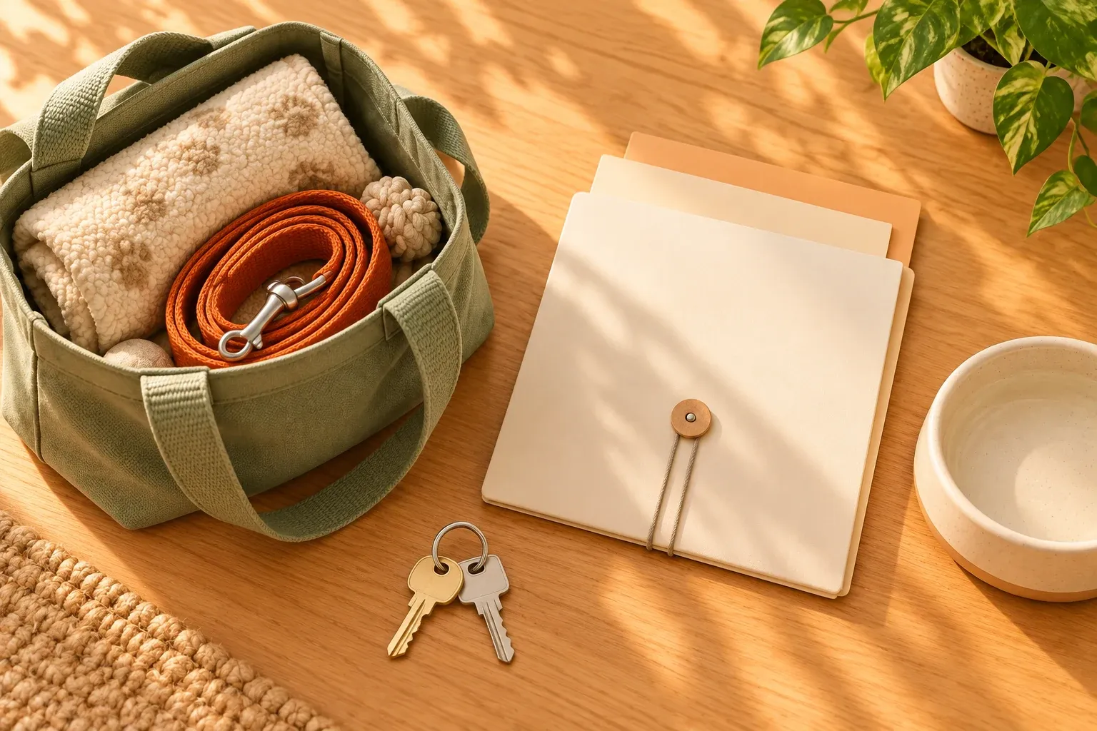 A tote with a blanket and leash beside a document folder, two house keys and pet bowl