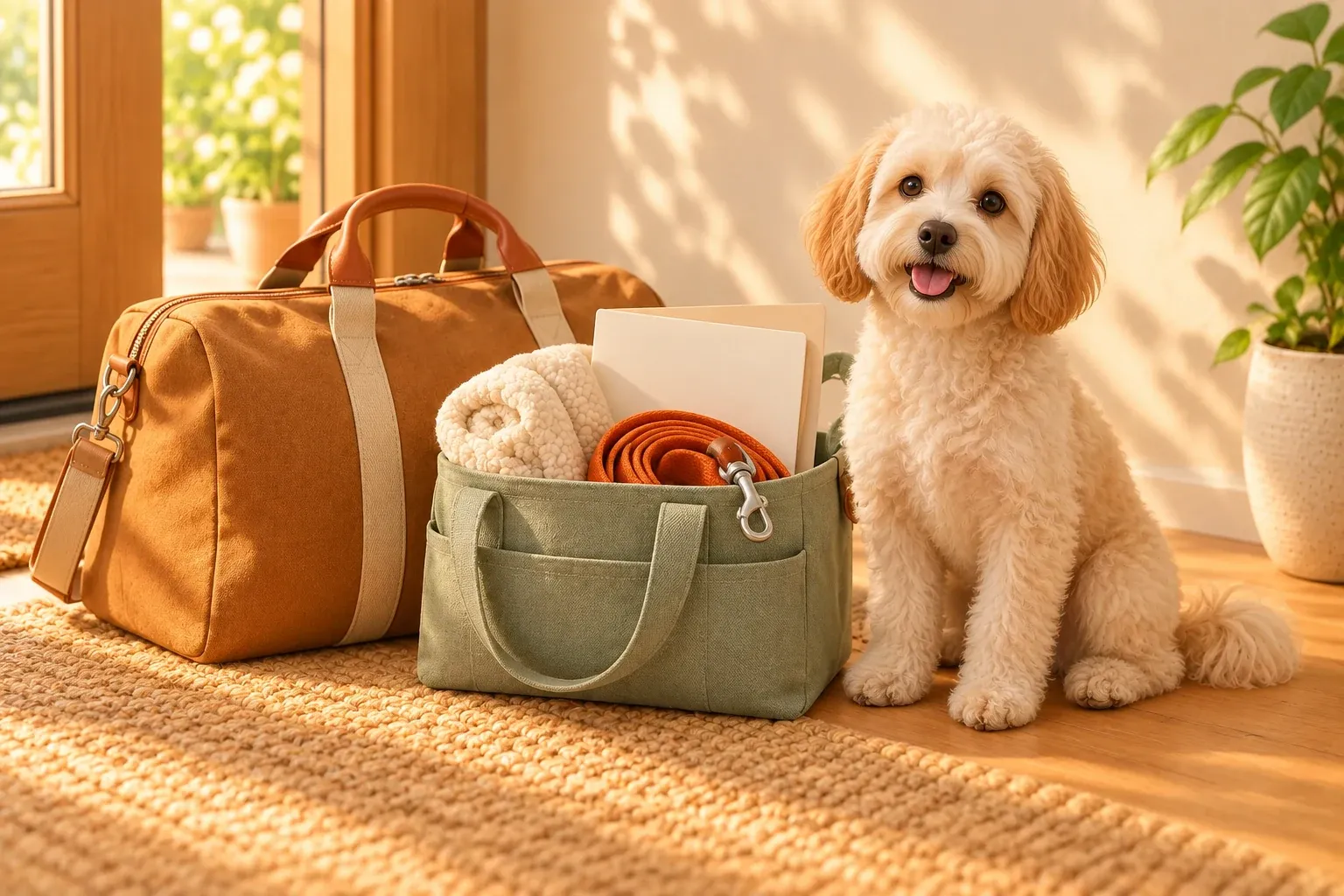 A cream curly-coated dog beside a packed care tote and overnight bag