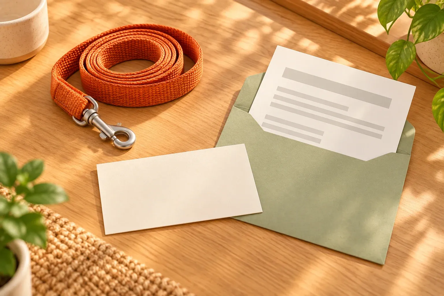 An orange leash beside a blank card and paperwork in a sage envelope