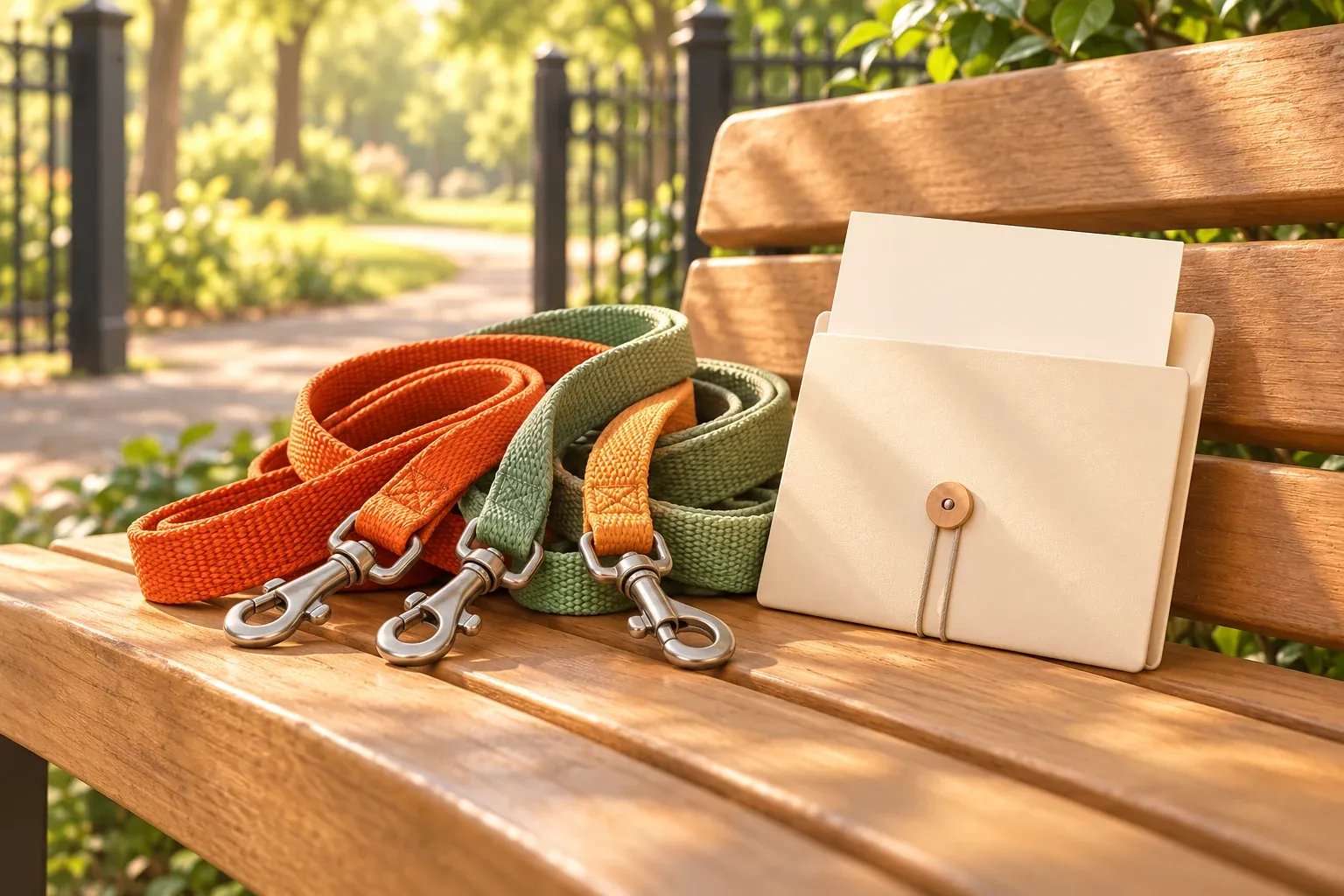 Orange and sage leashes beside a document folder on a park bench