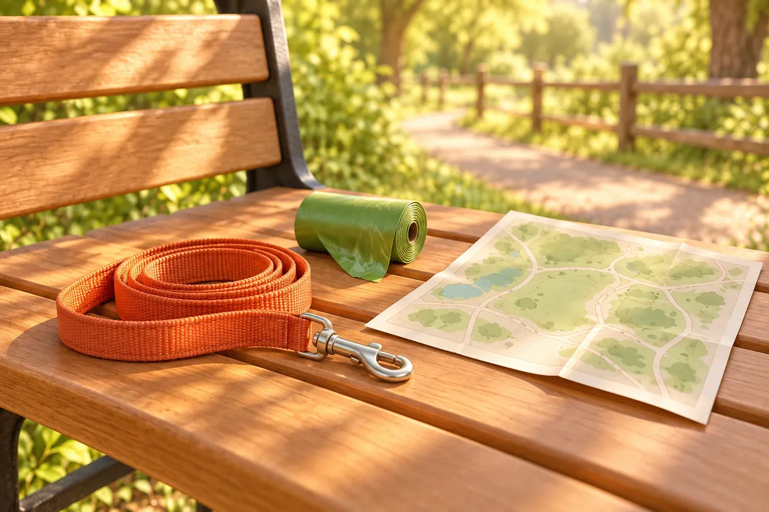A coiled orange leash, a roll of green waste bags and a folded park map on a bench beside a fenced path