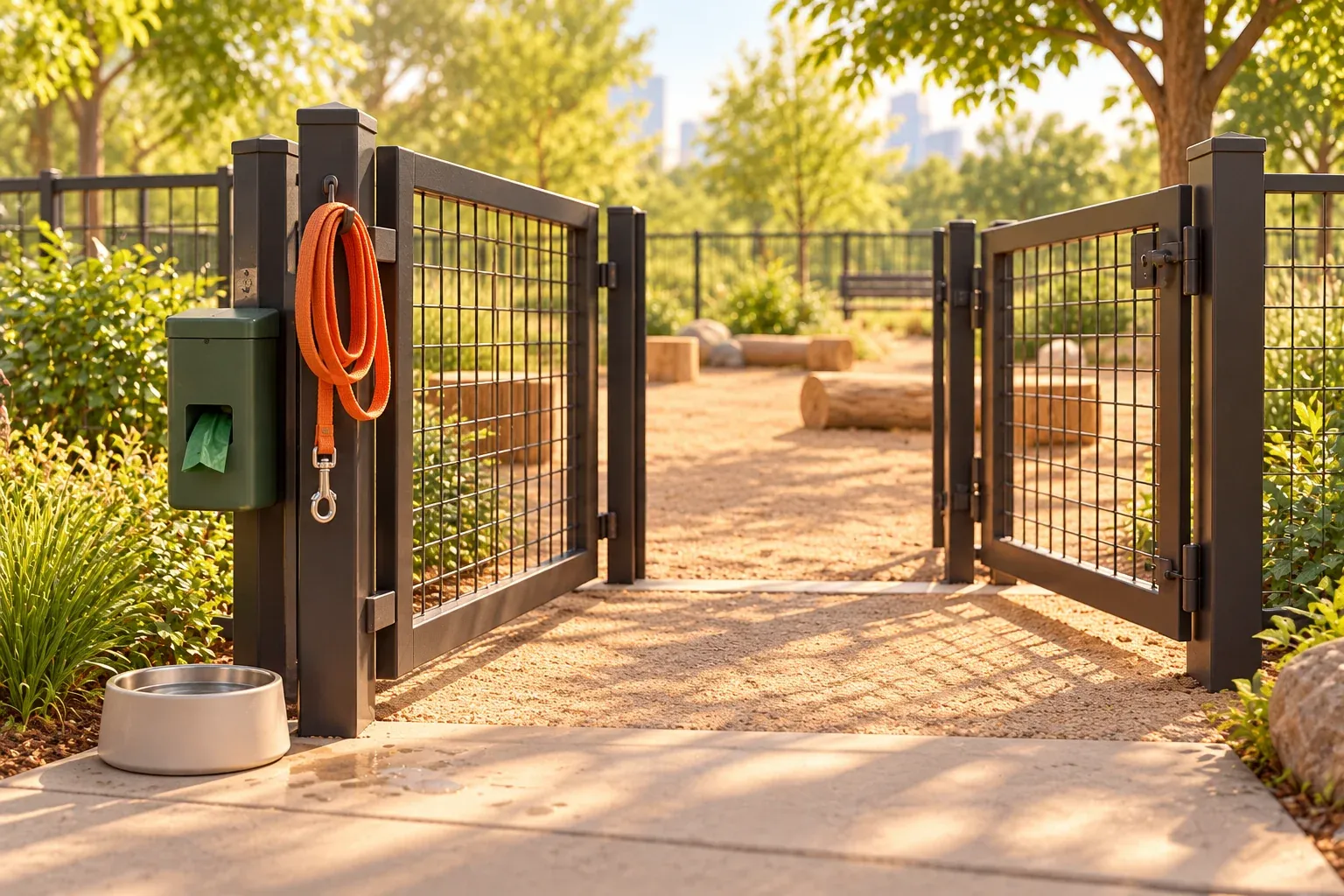 An orange leash and waste-bag dispenser beside an open gate into a fenced park