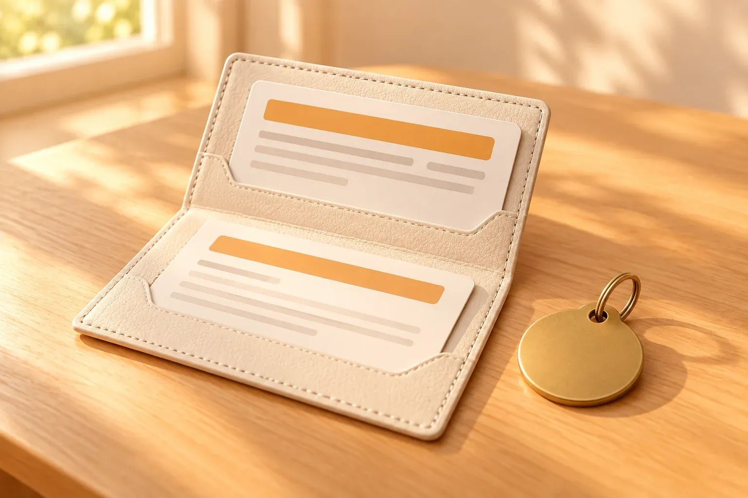 A cream document wallet holding two plain cards beside a brass identification tag and a small key ring