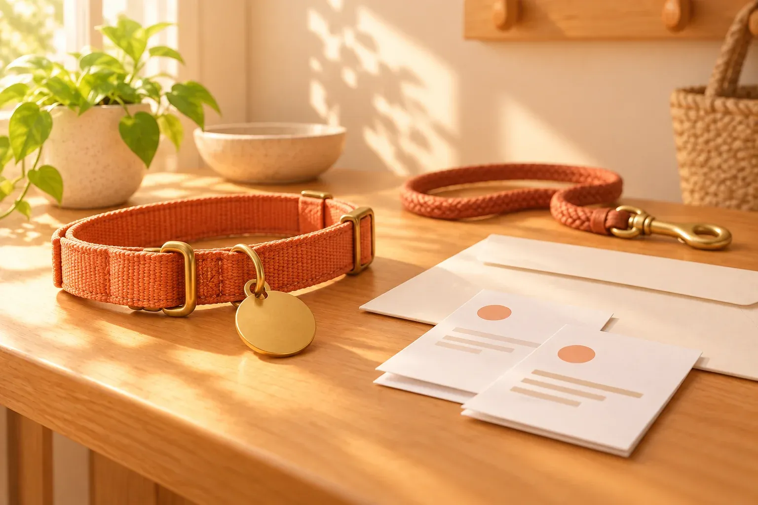 An orange collar with a plain brass tag beside an envelope and two small papers on a wooden shelf