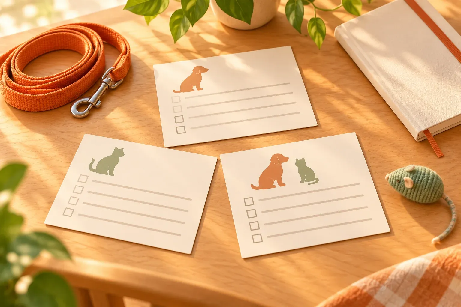 Three plain animal profile cards arranged beside a dog leash, a cat toy and a cream notebook on a table