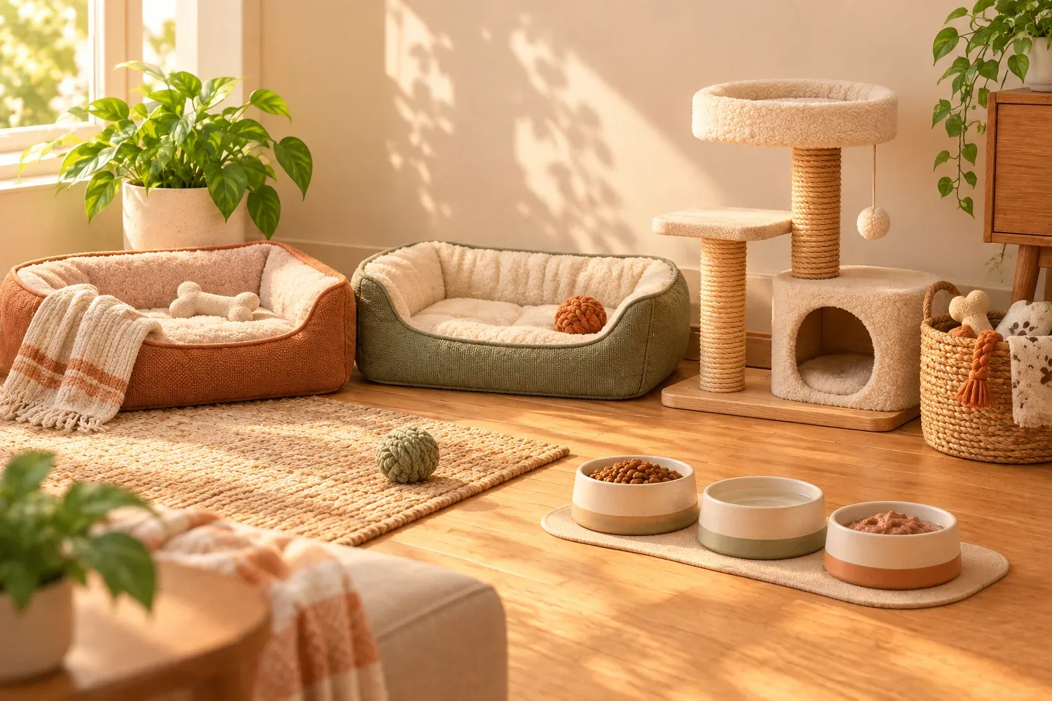 Two pet beds and a cat tree in a sunny room, with three ceramic bowls in front