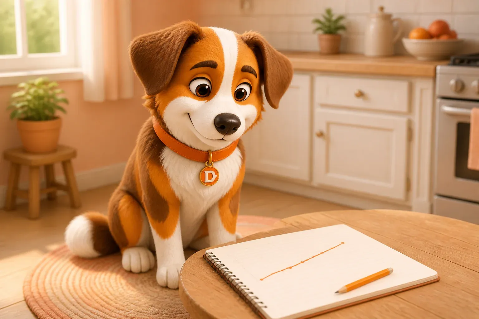Dana the mascot dog looking at a notebook on a kitchen table with a hand-drawn rising line graph, the monthly weight trend