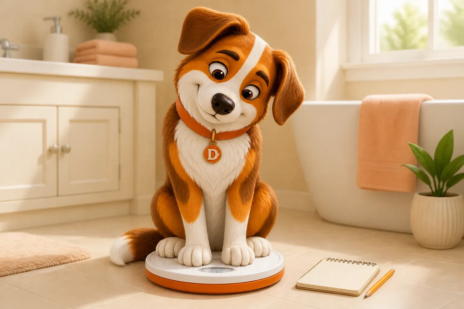 Dana the mascot dog sitting on a bathroom scale and looking down at it with her head tilted
