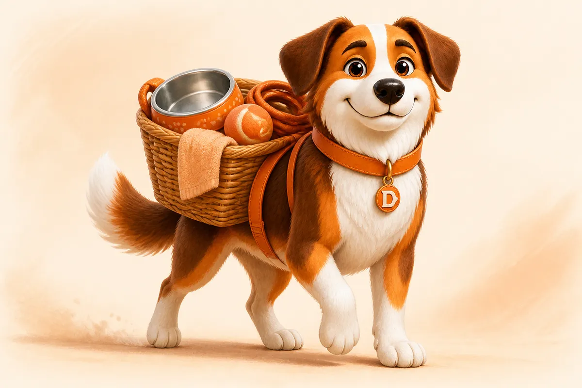 Dana the mascot dog carrying an overloaded basket of pet supplies on its back