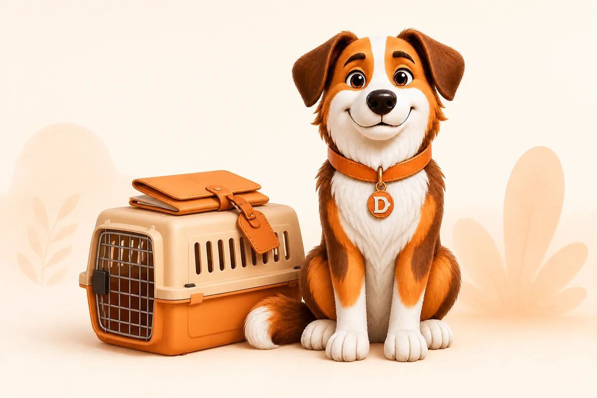 Dana the mascot dog next to a travel crate with a document folder on top