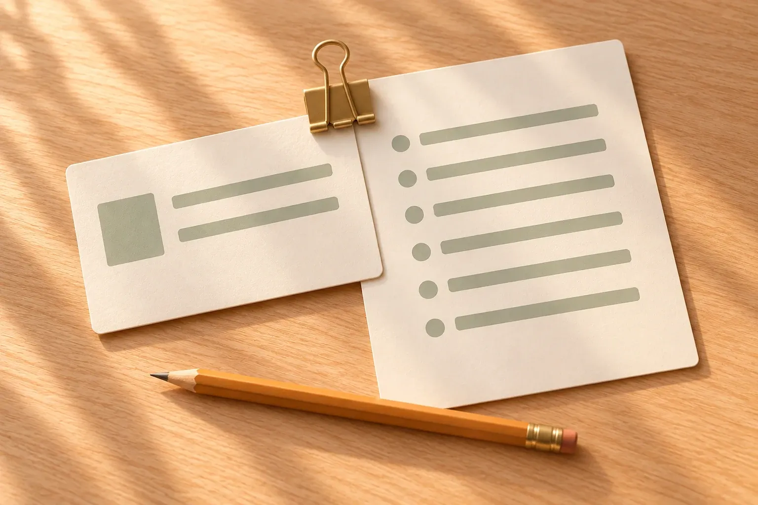 A small cream appointment card and a taller cream policy page held together by a brass binder clip, with an amber pencil below them, on an oak counter