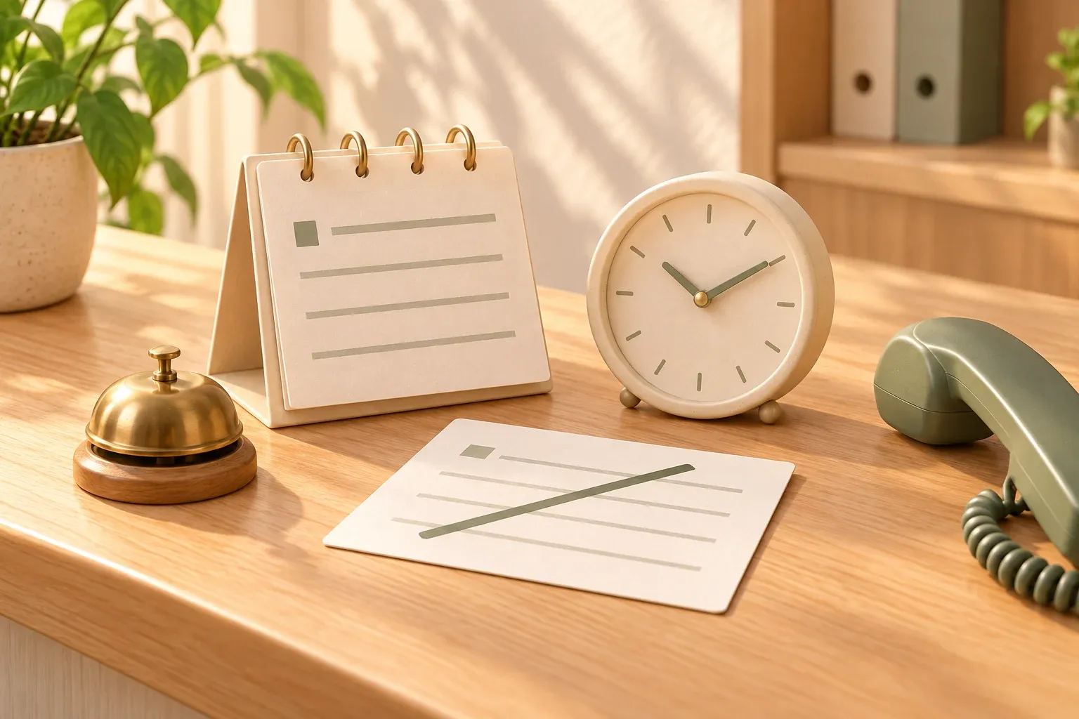 A cream desk calendar, a cream analog clock, an appointment card crossed through with a sage line, a brass bell and a sage telephone handset on an oak counter
