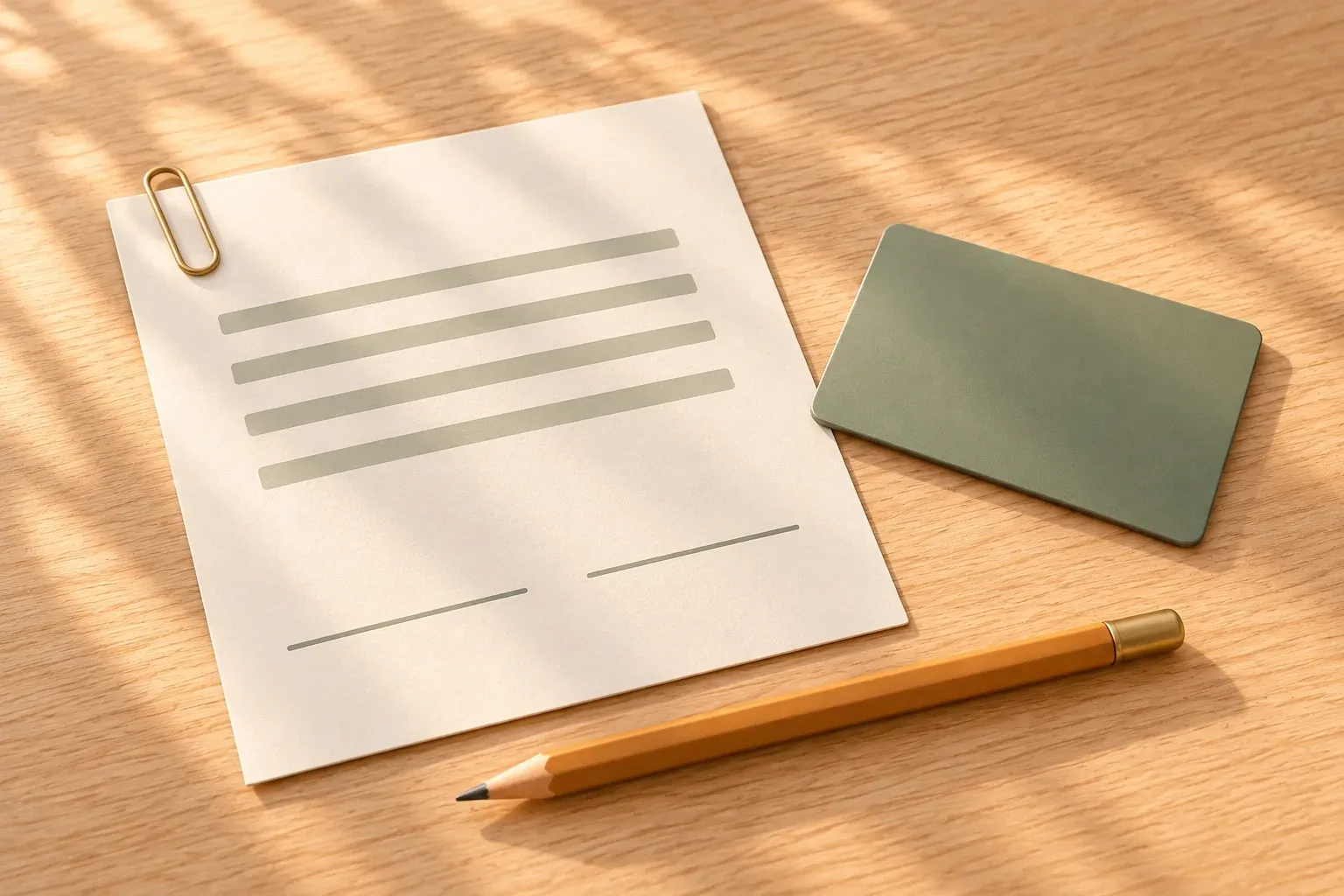 A cream agreement page with sage rules and signature lines under a brass clip, a sage payment card and an amber pencil beside it on an oak desk