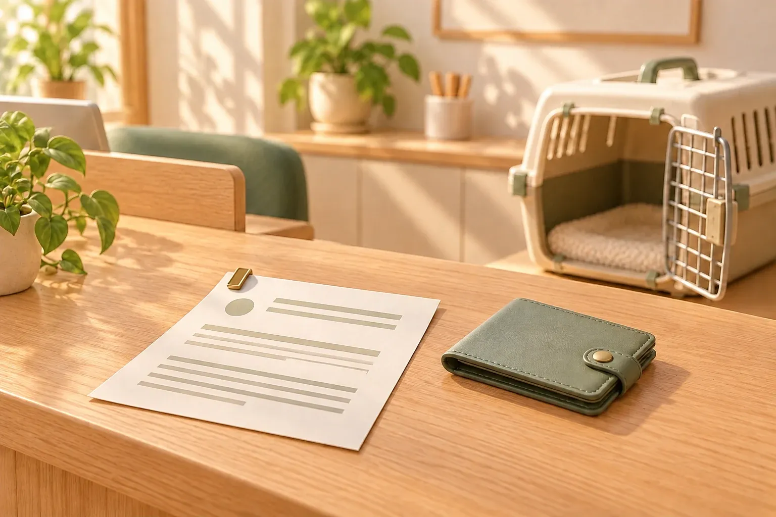 A cream invoice page with a brass clip and a sage wallet on an oak reception counter, with an open, empty pet carrier behind them