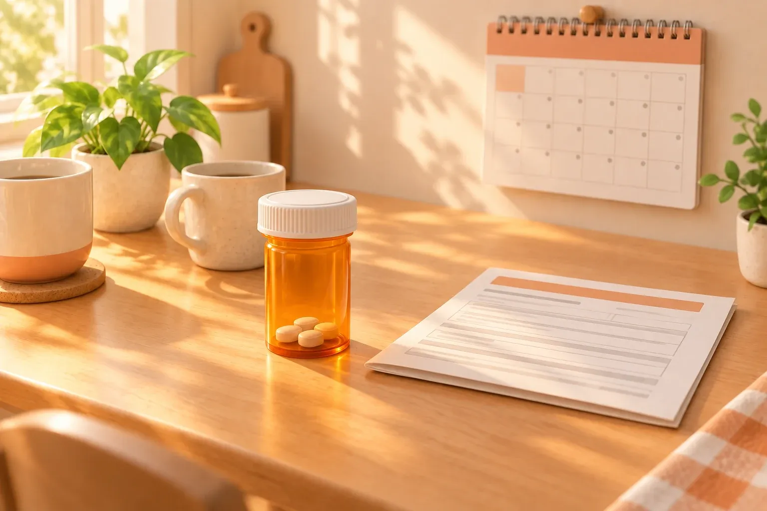An amber prescription bottle holding three tablets standing on a kitchen table in morning sun, a printed prescription form beside it, two mugs behind it and a blank wall calendar on the wall above
