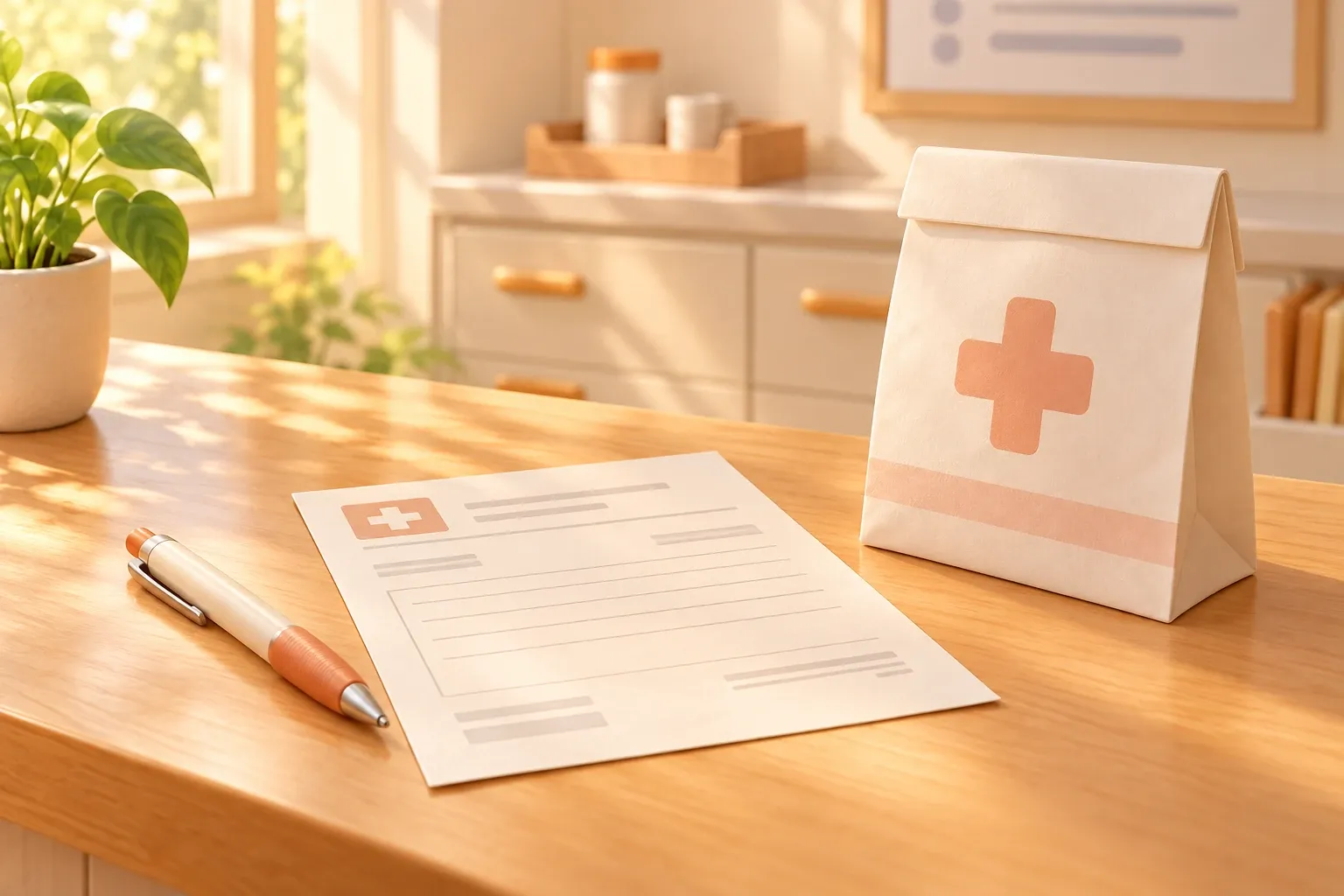 A printed prescription form on a wooden clinic counter beside a pen and a small folded paper pharmacy bag in morning light