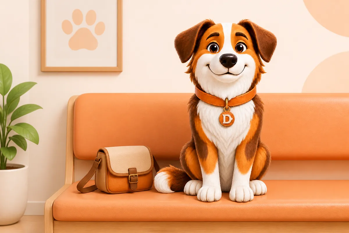 Dana the mascot dog sitting patiently in a clinic waiting room beside a small bag