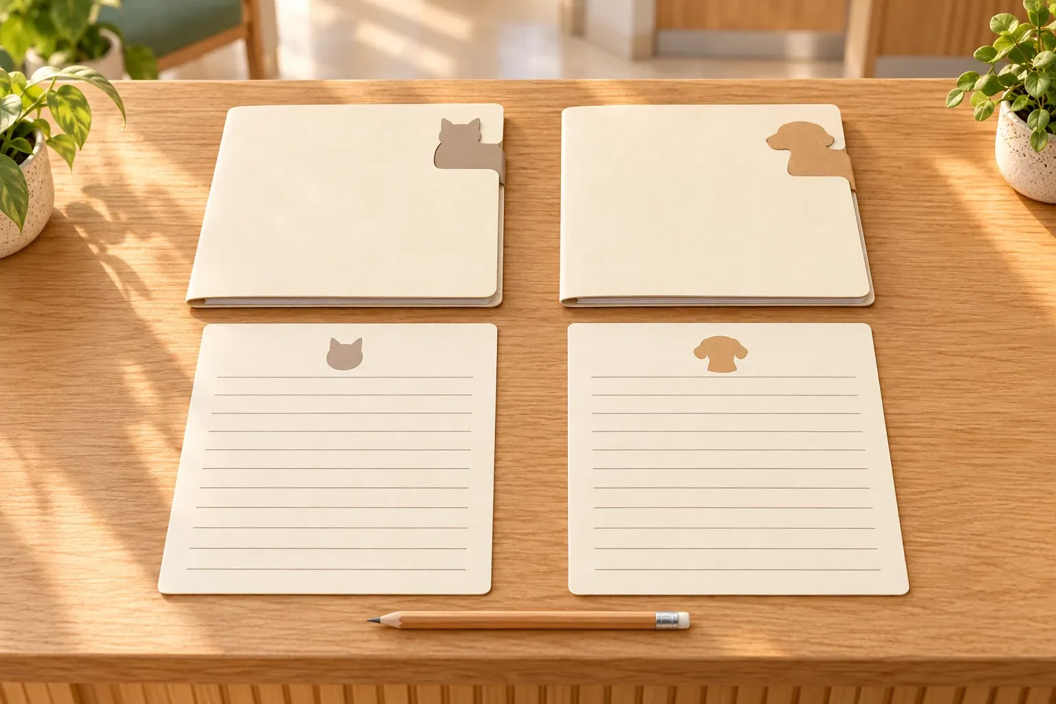 Two separate cream take-home folders with cat and dog tabs, each beside its own abstract instruction sheet
