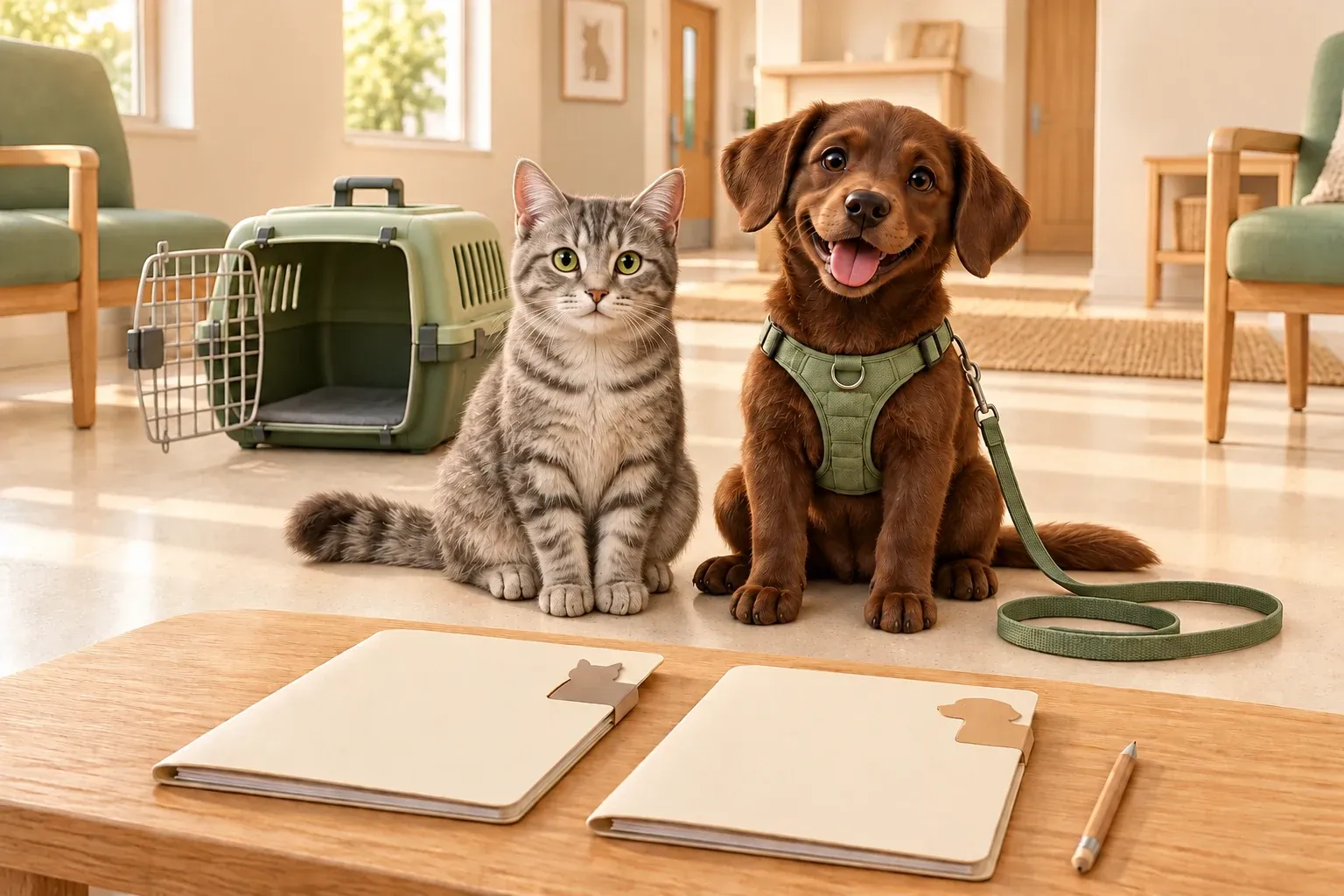 A tabby cat and chocolate dog sitting side by side at home, with an empty open carrier behind them and separate pet folders in front