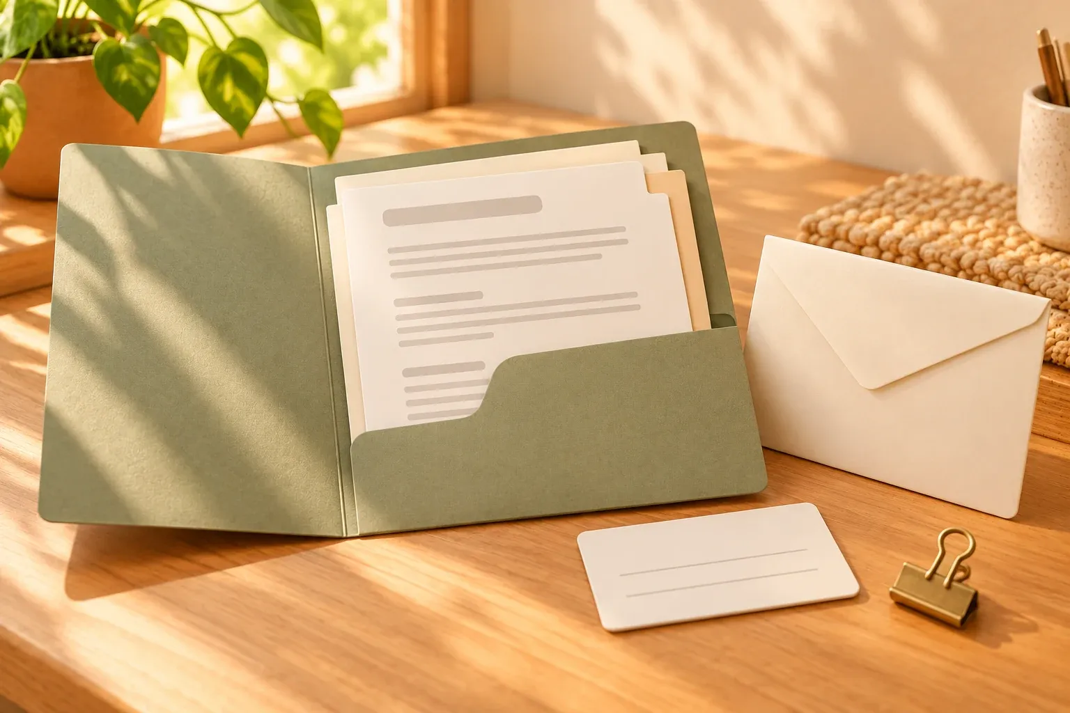 An open sage folder of papers beside a sealed envelope, blank card and brass clip