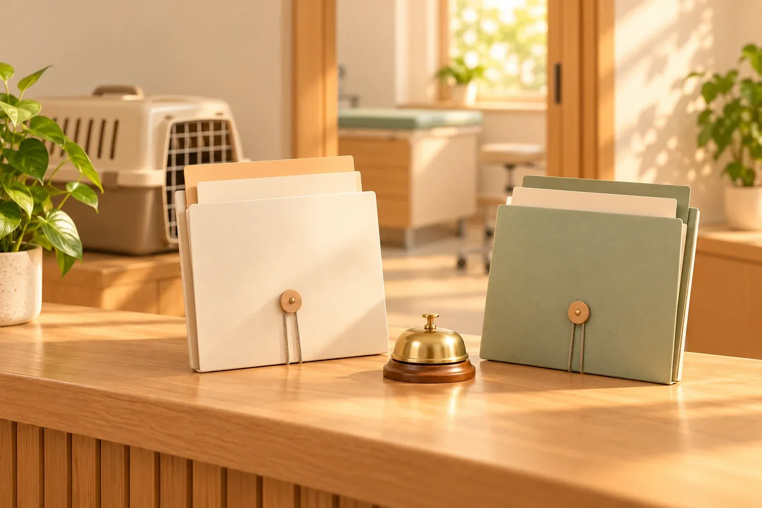 Cream and sage document folders with a brass bell at a clinic reception desk