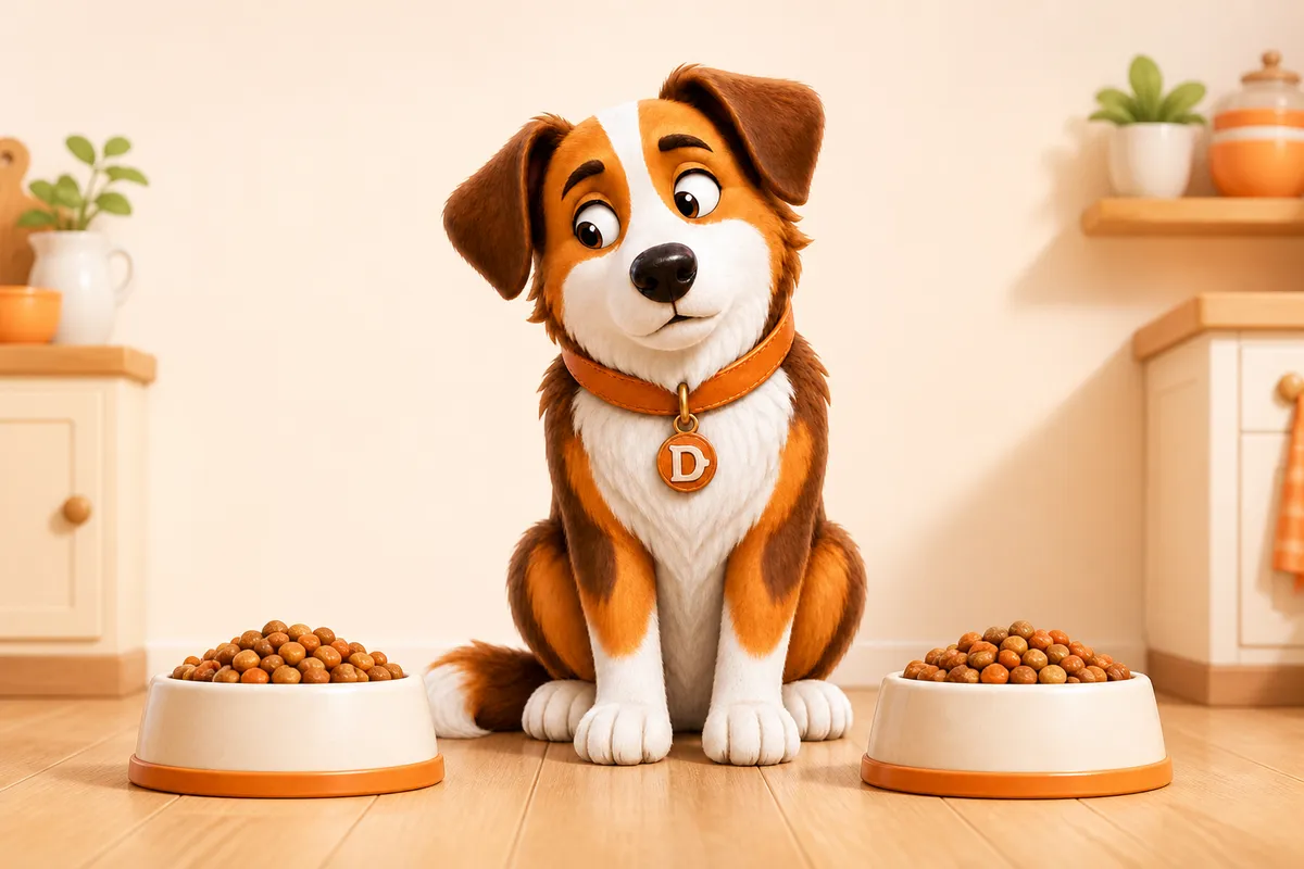Dana the mascot dog sitting between two food bowls, looking from one to the other