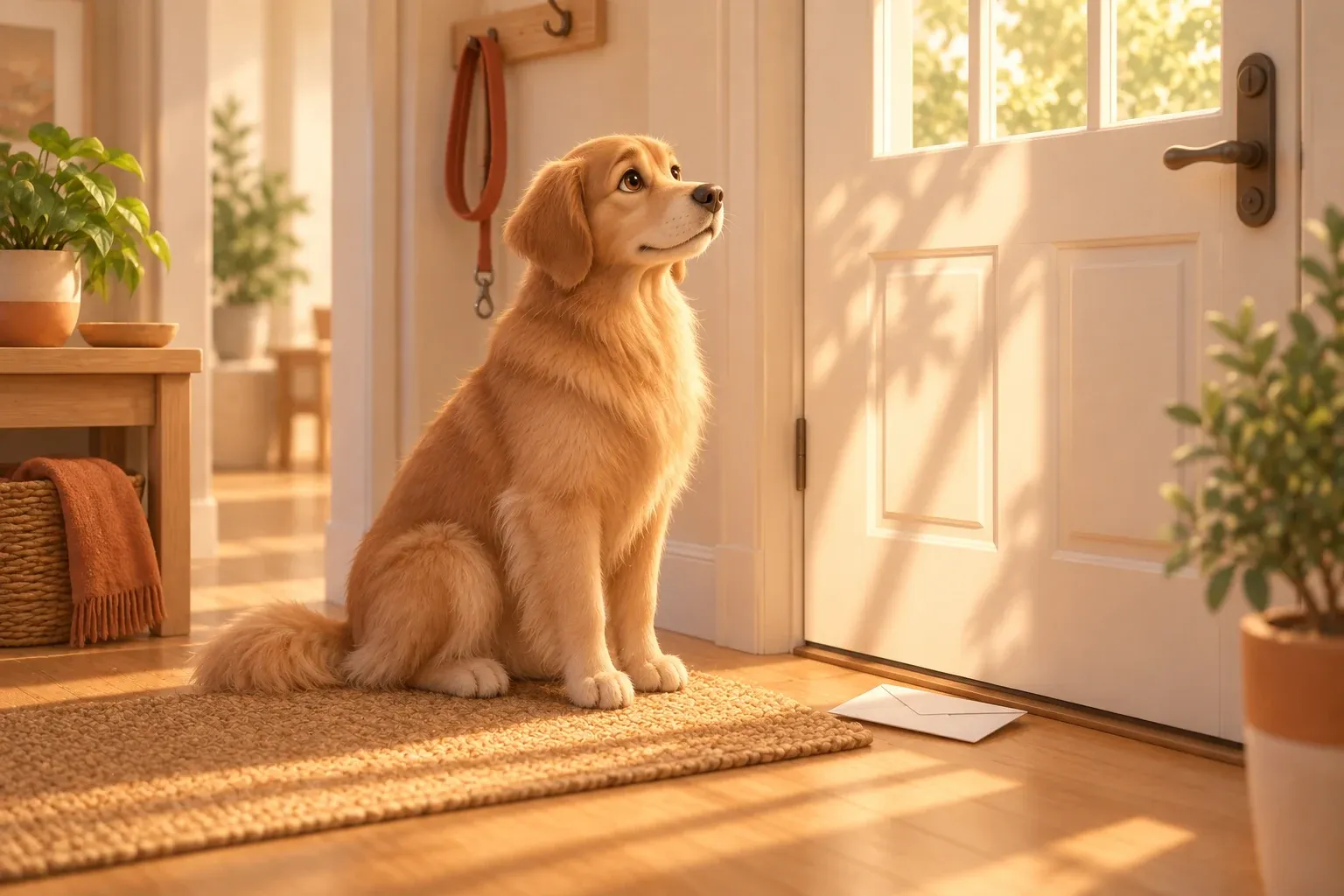 A golden retriever sitting upright on a doormat in morning light, facing a closed front door and looking up, with a single unopened white envelope lying on the floor beside the door and a lead hanging on a wall hook