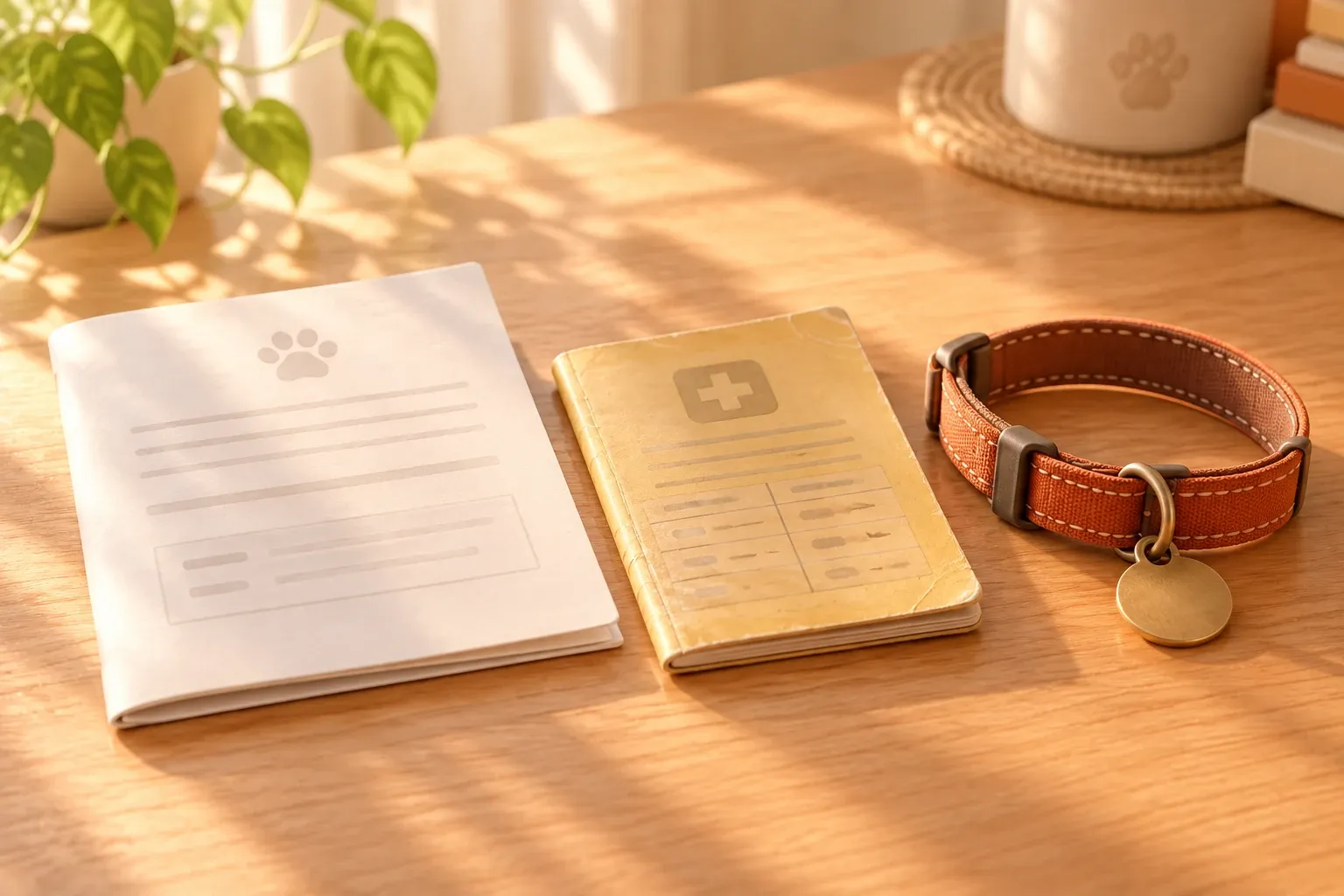 A folded legal document, a worn vaccination booklet and a dog collar with its ID tag laid side by side on a wooden table in low afternoon light